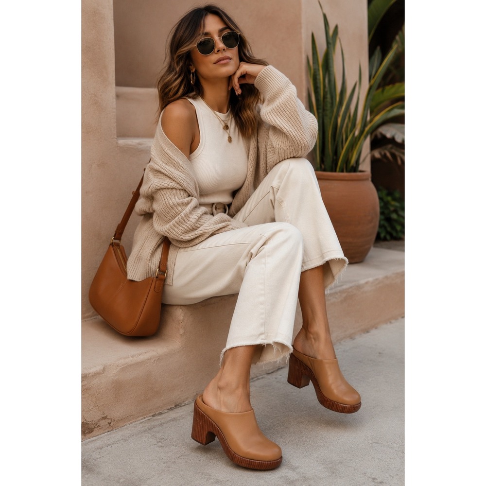 Vince Leather Clog Mules Women's US‎ 8.5 Tan Platform Block Heel Quiet Luxury